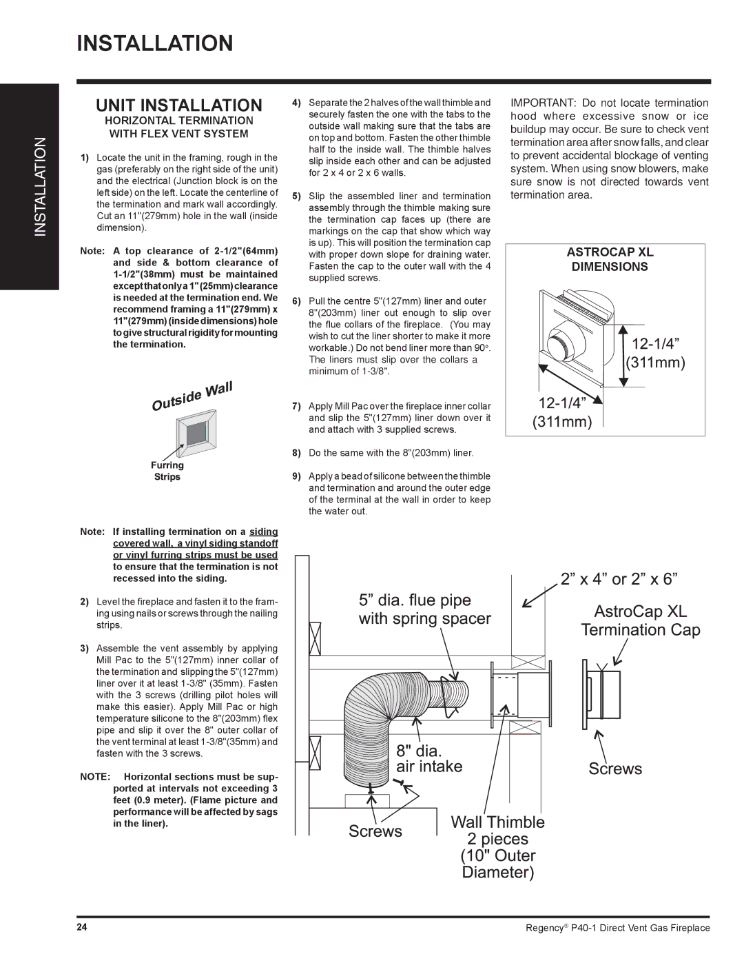 Regency P40-NG1, P40-LP1 installation manual Unit Installation, Astrocap XL Dimensions 