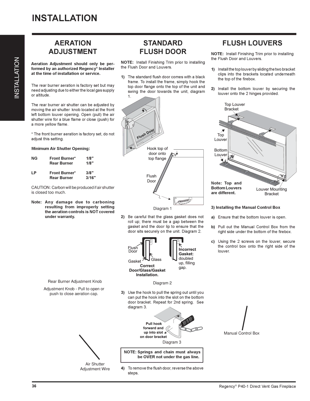 Regency P40-NG1, P40-LP1 Aeration Adjustment, Standard Flush Door, Flush Louvers, Installing the Manual Control Box 