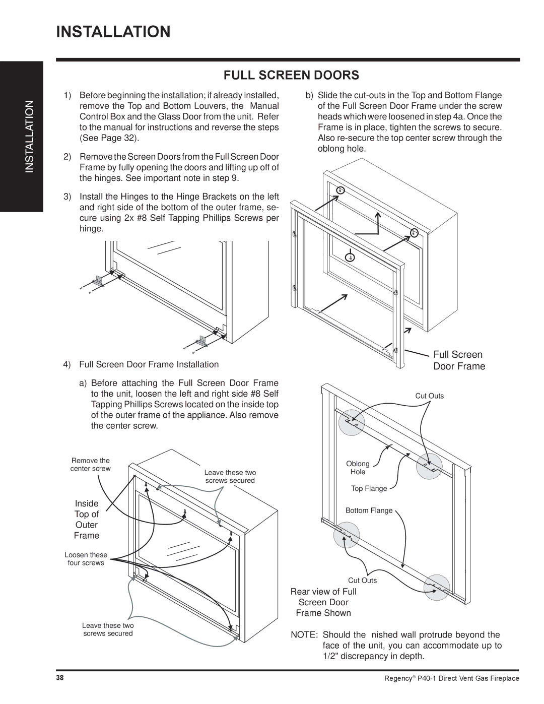 Regency P40-NG1, P40-LP1 installation manual Full Screen Doors, Full Screen Door Frame Installation 