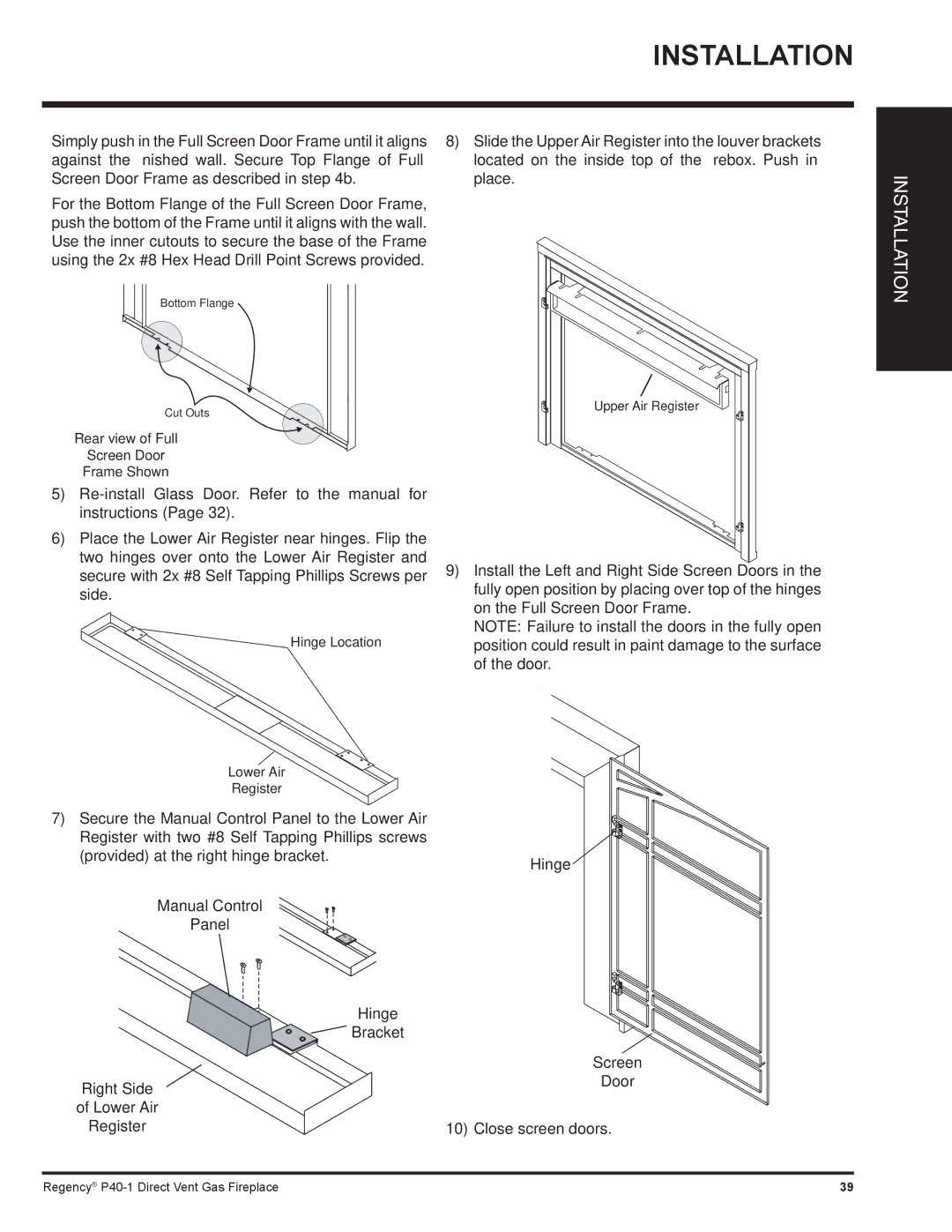 Regency P40-LP1, P40-NG1 installation manual Installation, Upper Air Register 