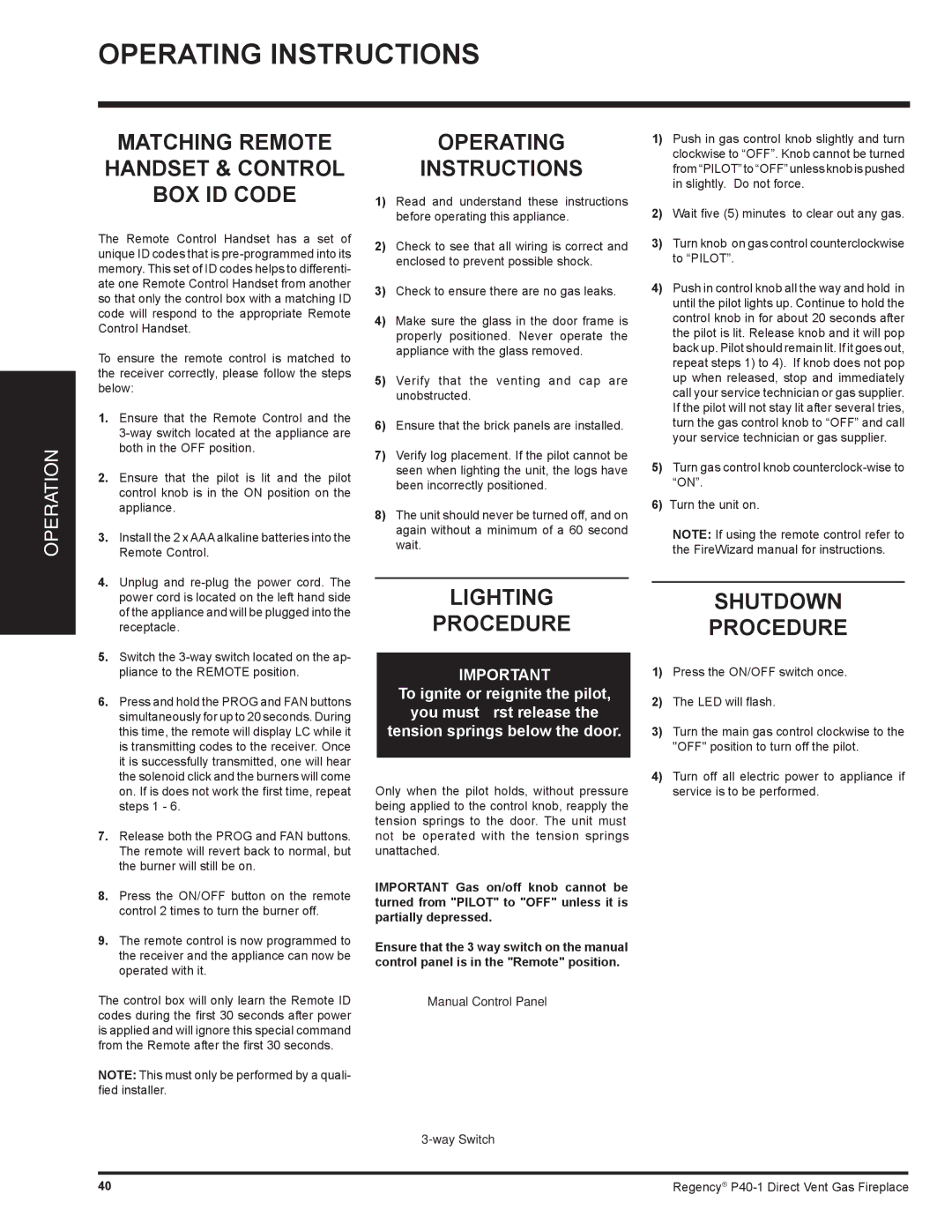 Regency P40-NG1, P40-LP1 Matching Remote Handset & Control BOX ID Code, Operating Instructions, Lighting Procedure 