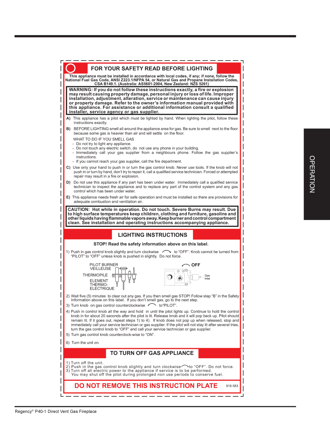 Regency P40-LP1, P40-NG1 installation manual Copy of Lighting Plate Instructions, For Your Safety Read Before Lighting 