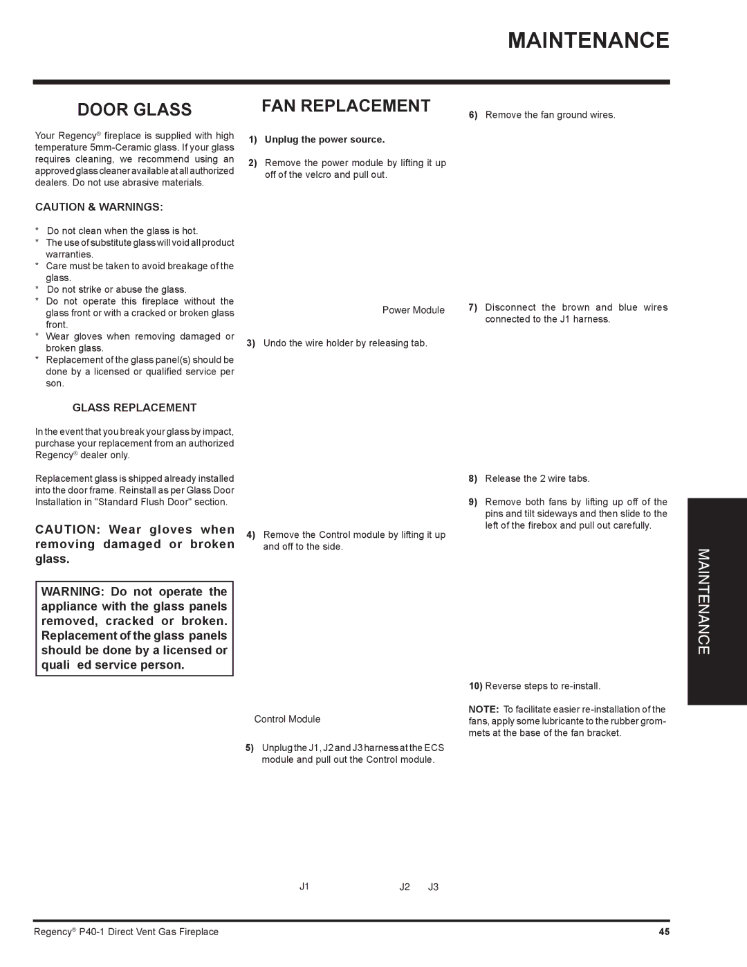 Regency P40-LP1, P40-NG1 installation manual Door Glass FAN Replacement, Glass Replacement 