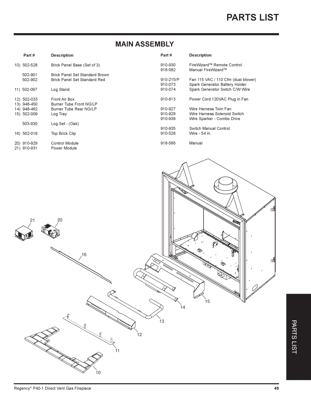 Regency P40-LP1, P40-NG1 installation manual Parts List, Main Assembly 