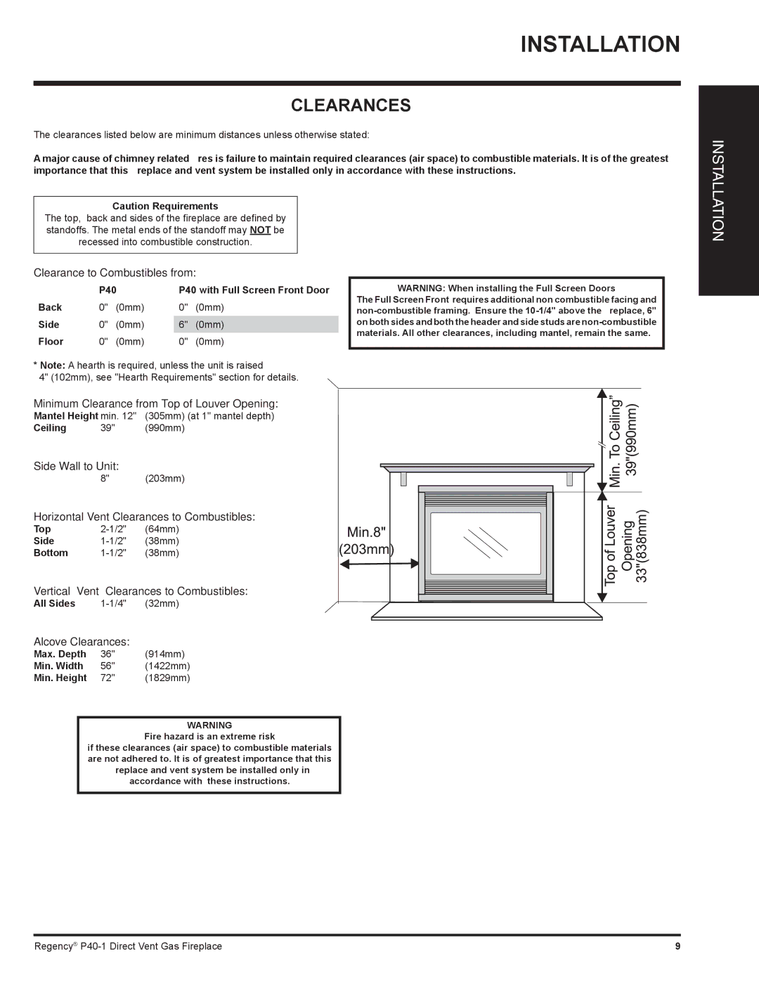 Regency P40-LP1, P40-NG1 installation manual Clearances 