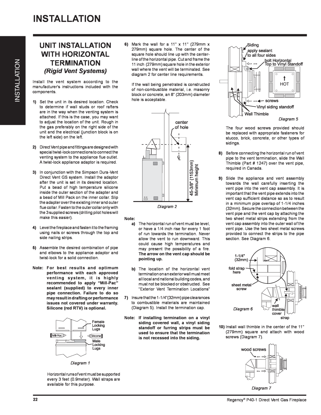 Regency P40-NG1, P40-LP1 installation manual Unit Installation With Horizontal Termination, Rigid Vent Systems, Diagram 