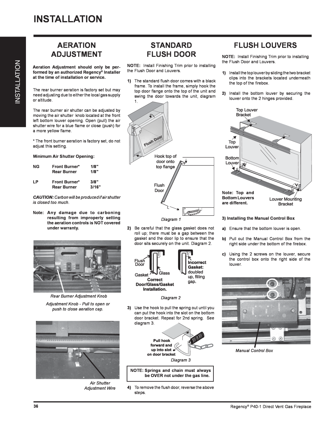 Regency P40-NG1 Aeration Adjustment, Standard Flush Door, Flush Louvers, Installation, Minimum Air Shutter Opening, 3/16 