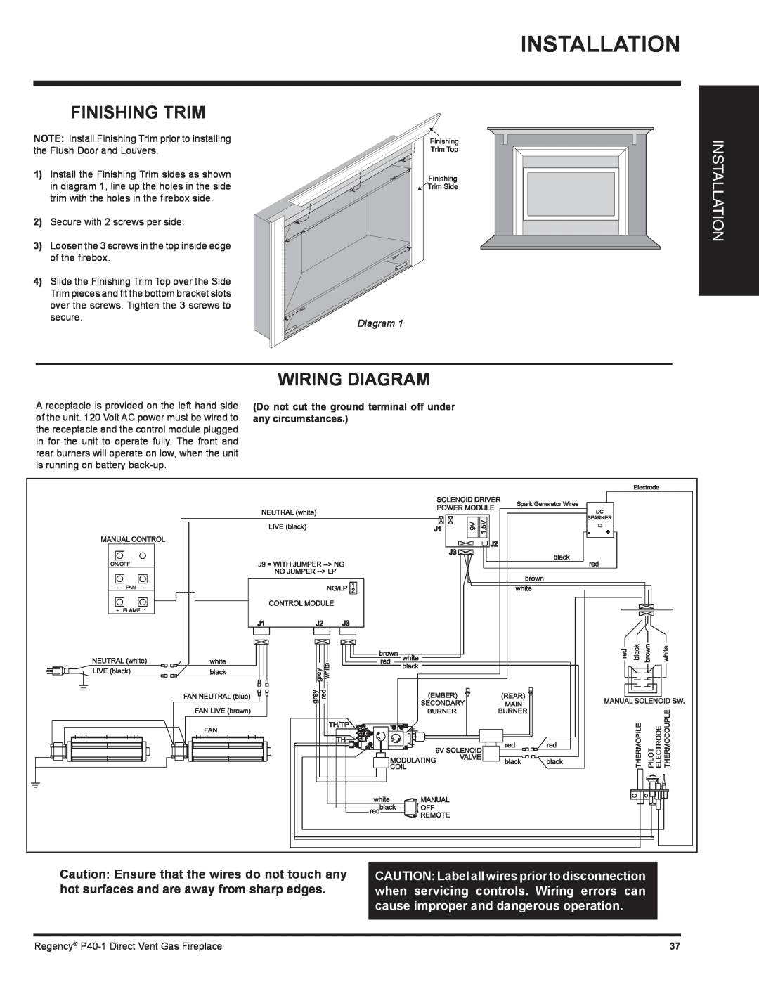 Regency P40-LP1, P40-NG1 installation manual Finishing Trim, Wiring Diagram, Installation 