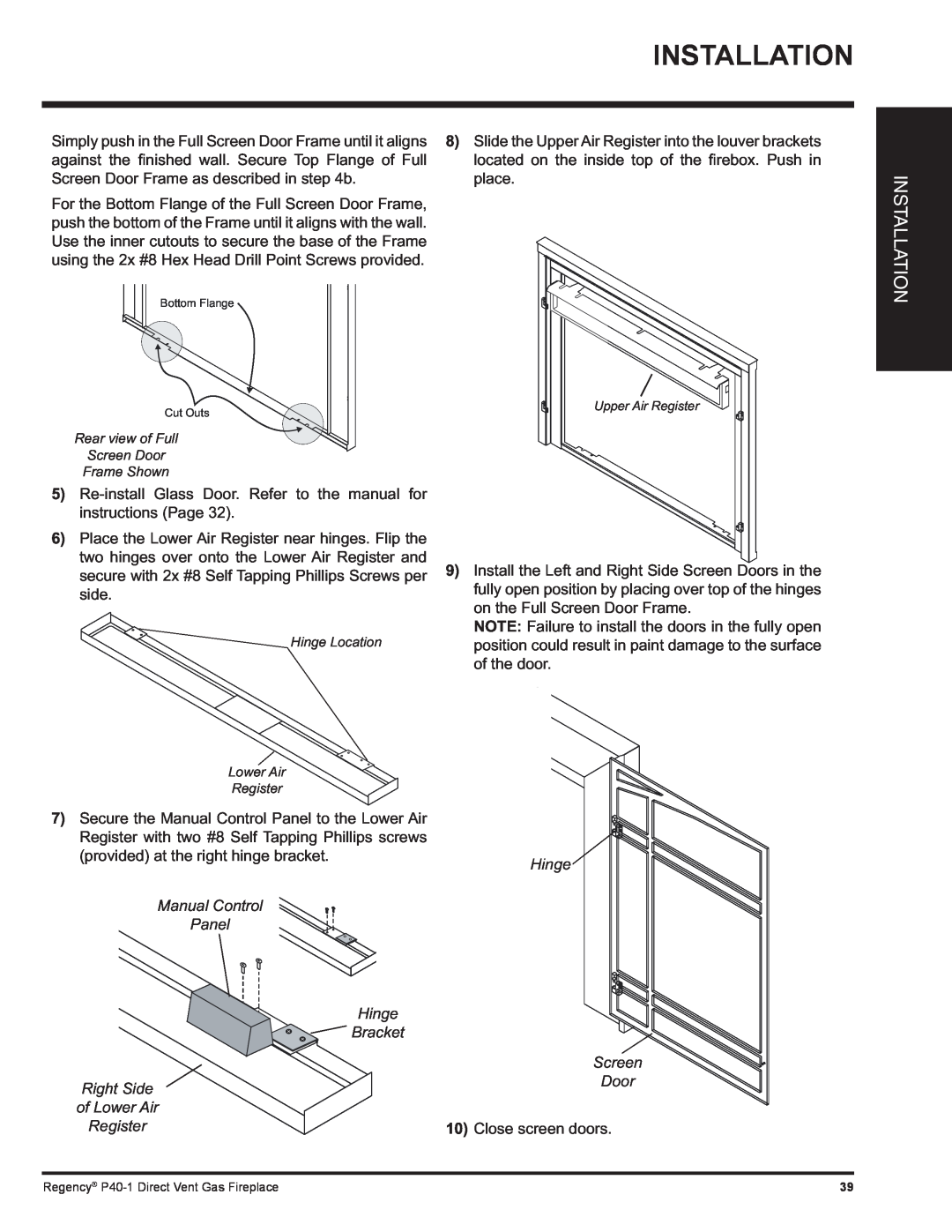 Regency P40-LP1, P40-NG1 Installation, Manual Control Panel, Hinge, Screen, Right Side, Door, of Lower Air, Register 