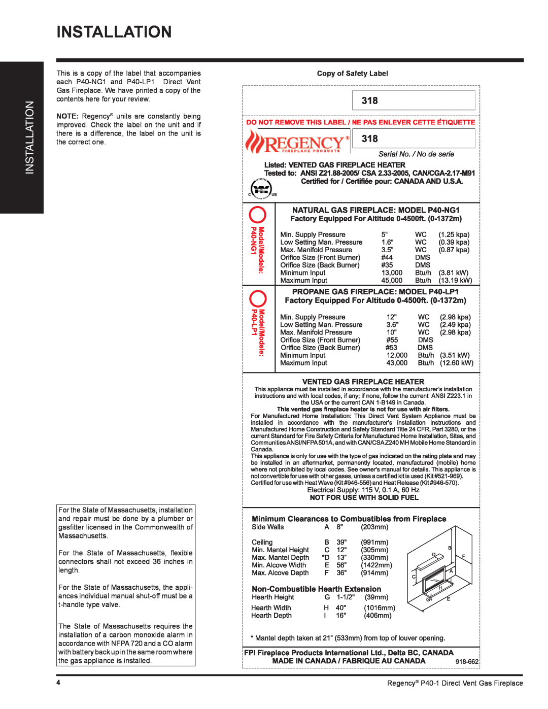 Regency P40-NG1, P40-LP1 installation manual Installation, Copy of Safety Label 