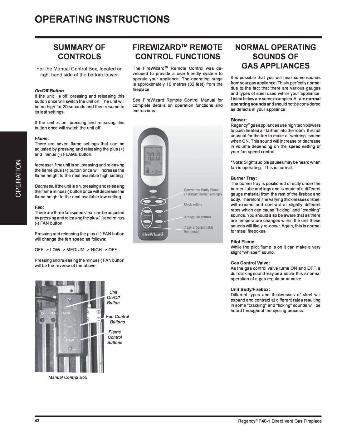 Regency P40-NG1 Summary Of Controls, Normal Operating Sounds Of Gas Appliances, Firewizardtm Remote Control Functions 