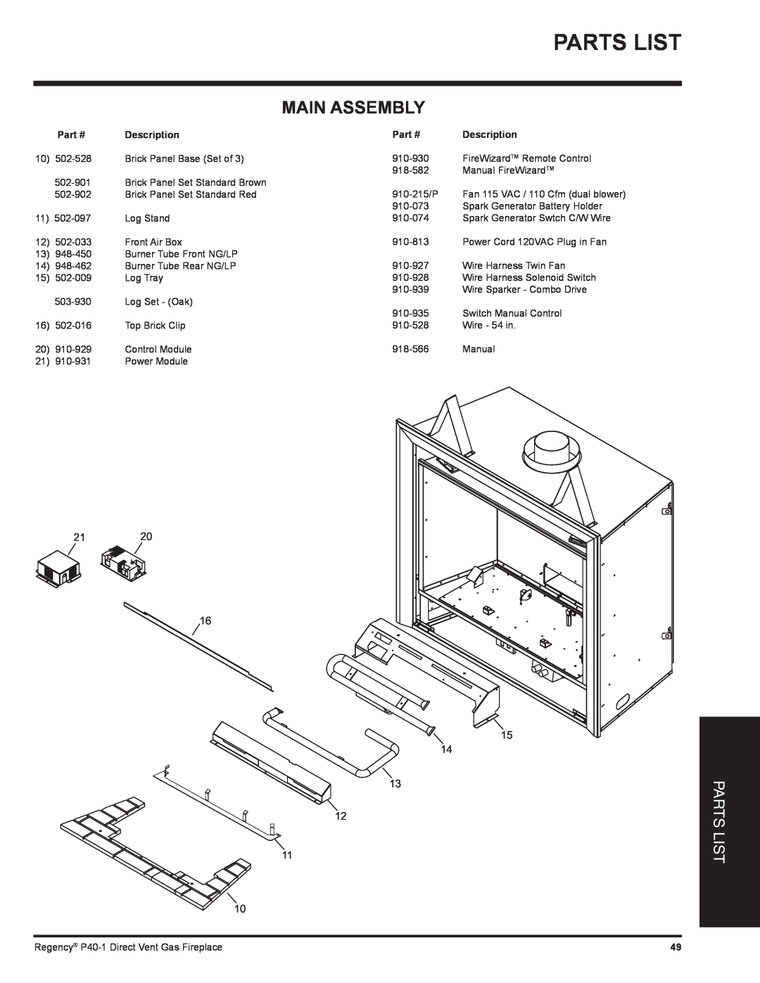 Regency P40-LP1, P40-NG1 installation manual Parts List, Main Assembly, Part #, Description 