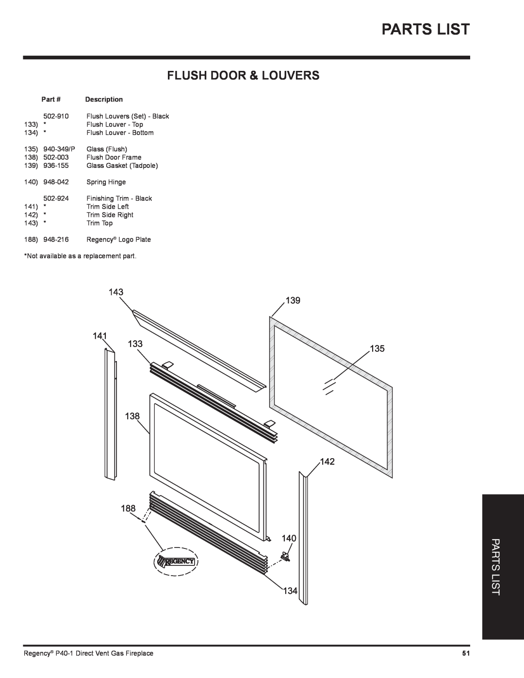 Regency P40-LP1, P40-NG1 installation manual Flush Door & Louvers, Parts List, Part #, Description 