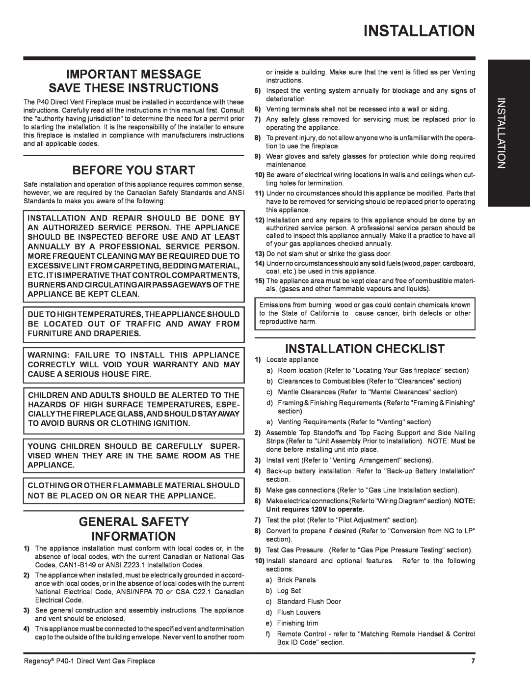 Regency P40-LP1 Important Message Save These Instructions, Before You Start, General Safety Information, Installation 