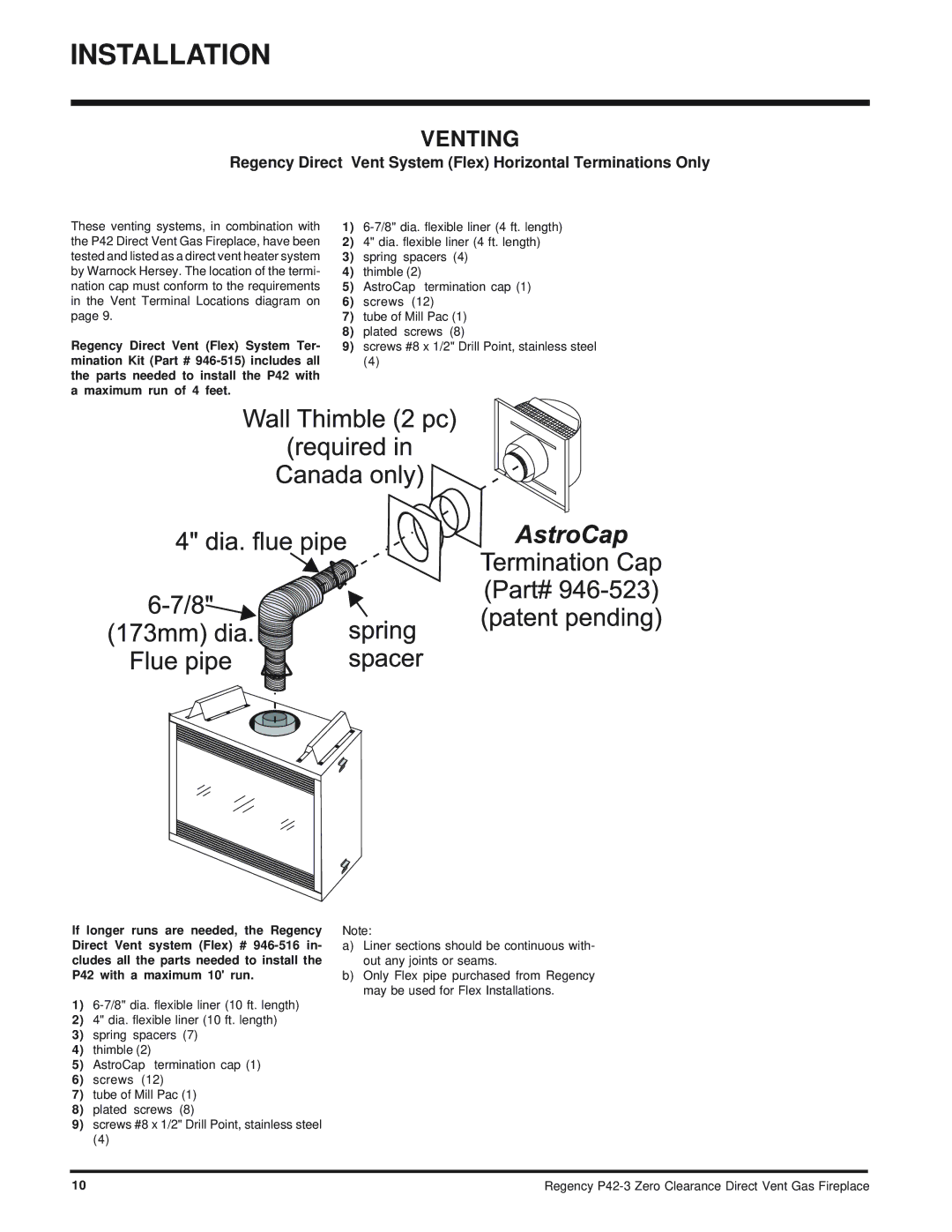 Regency P42-NG3, P42-LP3 installation manual Venting, Regency Direct Vent System Flex Horizontal Terminations Only 