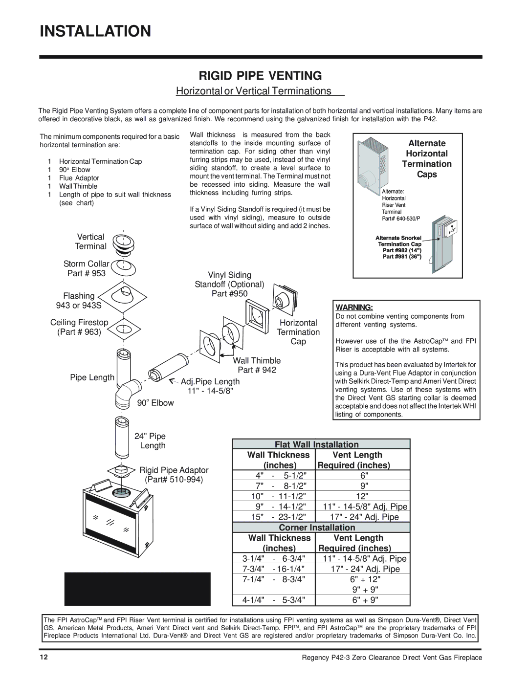 Regency P42-NG3, P42-LP3 installation manual Rigid Pipe Venting, Alternate, Horizontal, Termination, Caps 