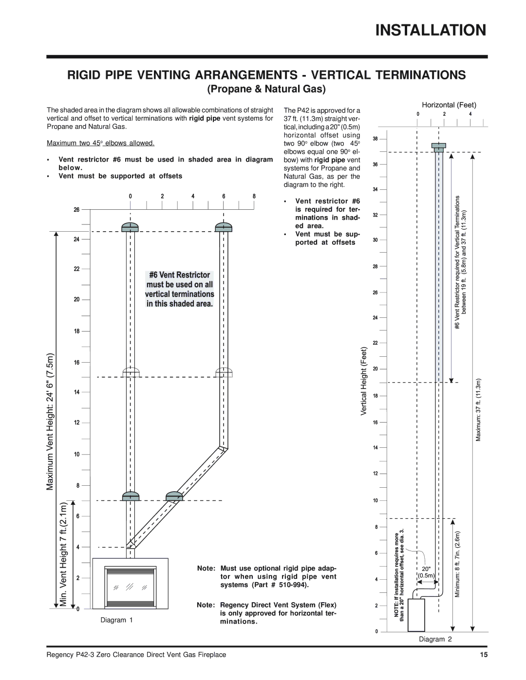 Regency P42-LP3, P42-NG3 installation manual Rigid Pipe Venting Arrangements Vertical Terminations, Propane & Natural Gas 