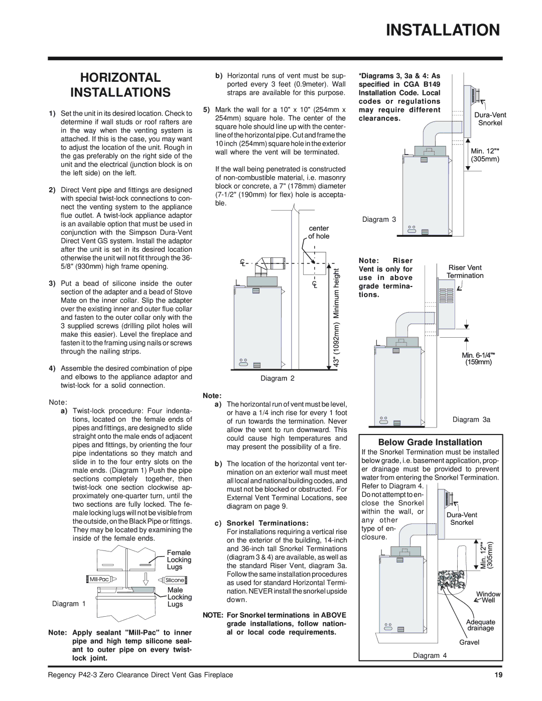 Regency P42-LP3, P42-NG3 installation manual Horizontal Installations, Below Grade Installation, Snorkel Terminations 