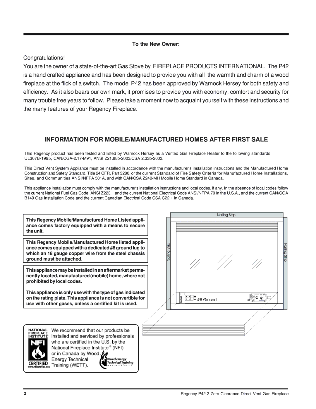 Regency P42-NG3, P42-LP3 installation manual Information for MOBILE/MANUFACTURED Homes After First Sale, To the New Owner 