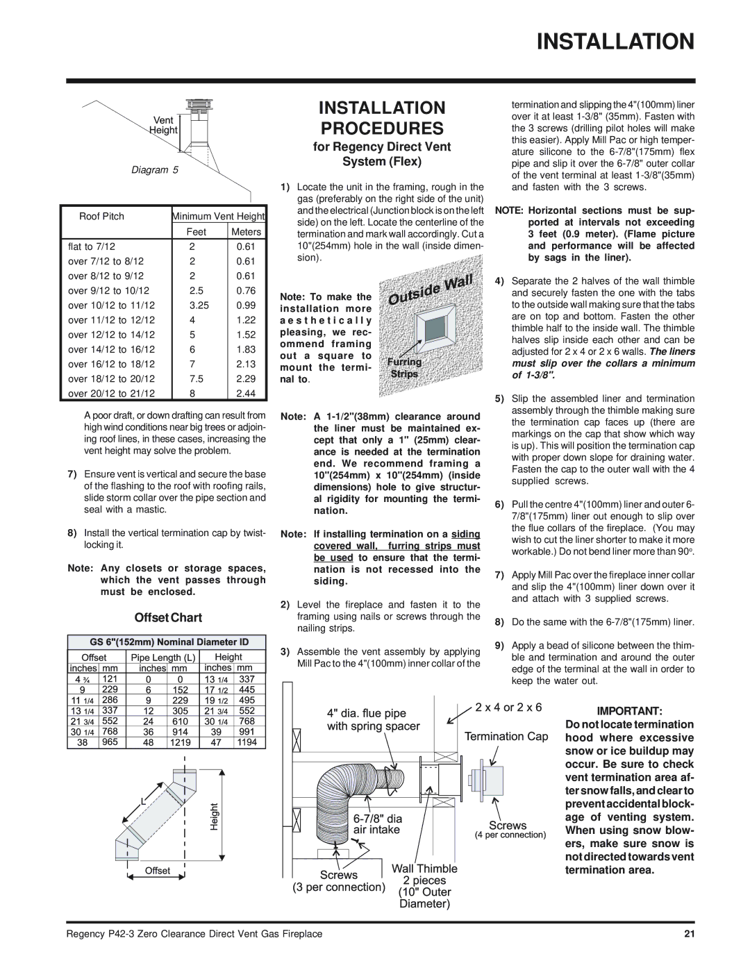 Regency P42-LP3, P42-NG3 installation manual Installation Procedures, Offset Chart, For Regency Direct Vent System Flex 