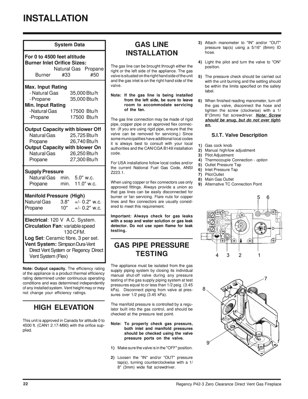 Regency P42-NG3, P42-LP3 installation manual High Elevation, GAS Line Installation, GAS Pipe Pressure Testing 