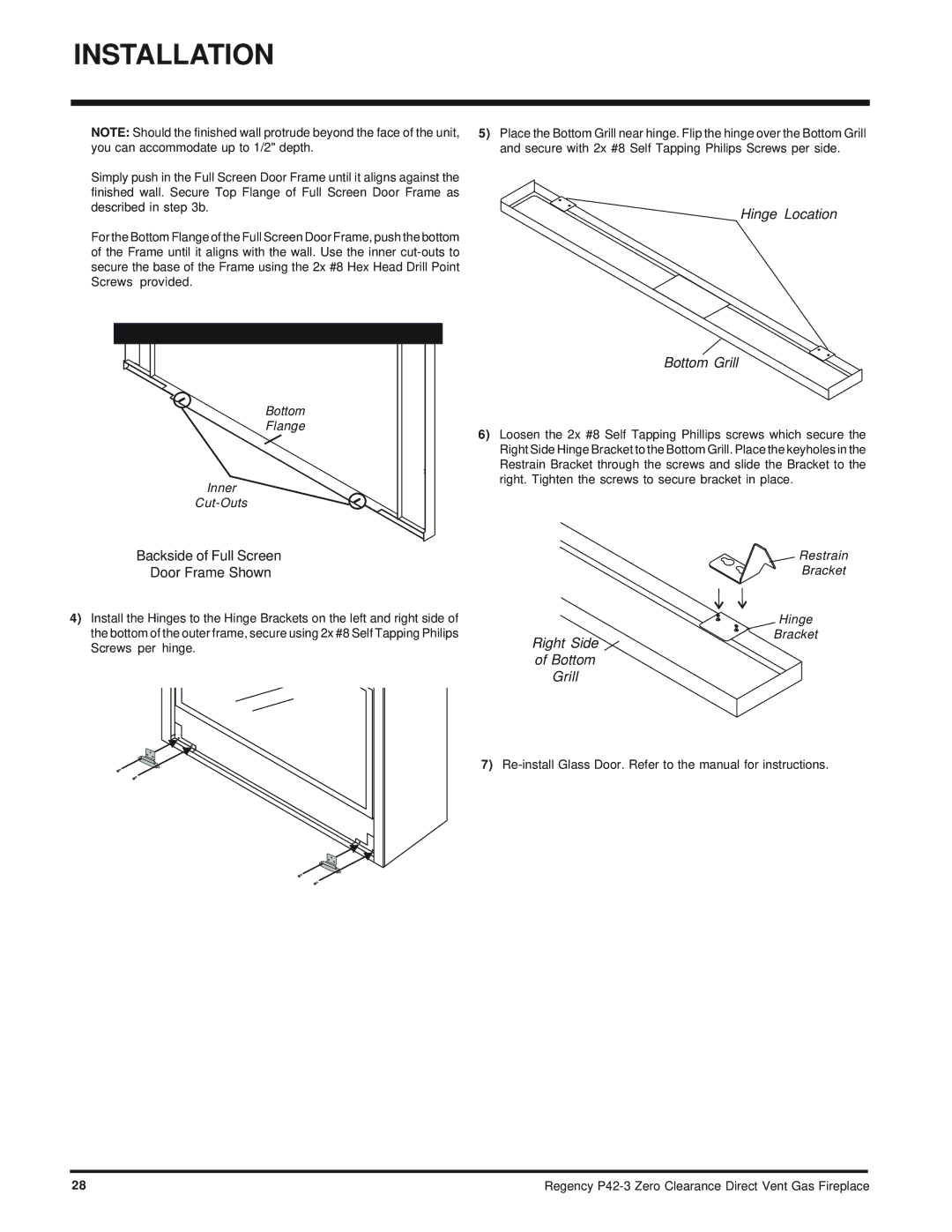 Regency P42-NG3, P42-LP3 installation manual Hinge Location Bottom Grill 