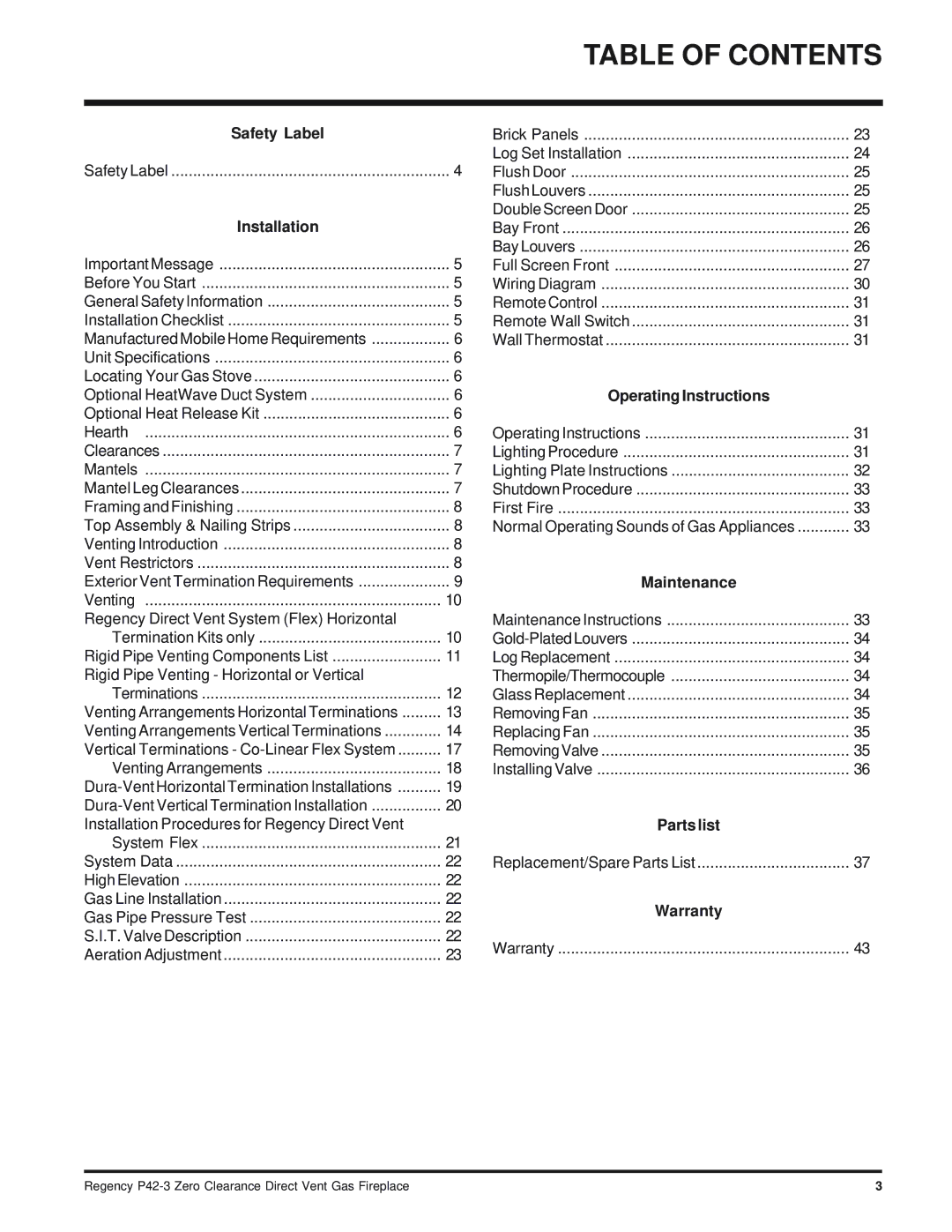 Regency P42-LP3, P42-NG3 installation manual Table of Contents 