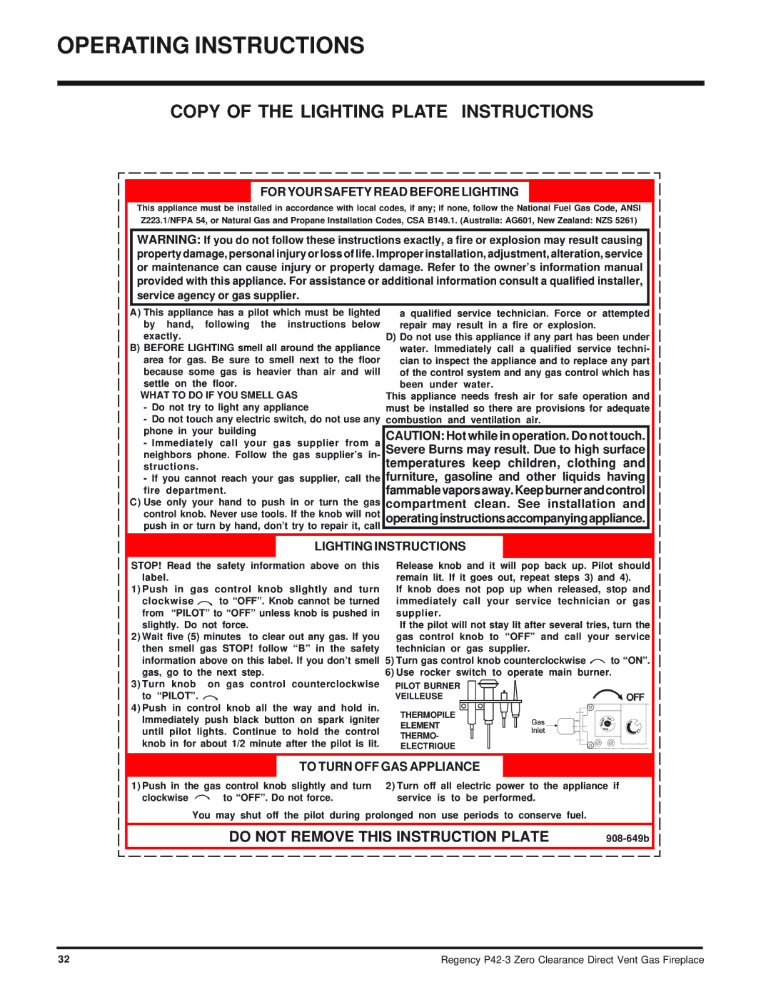 Regency P42-NG3 Copy of the Lighting Plate Instructions, Temperatures keep children, clothing, Clean. See installation 