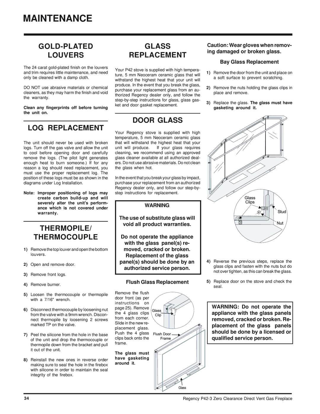 Regency P42-NG3, P42-LP3 GOLD-PLATED Louvers, Glass Replacement, LOG Replacement, Thermopile Thermocouple, Door Glass 