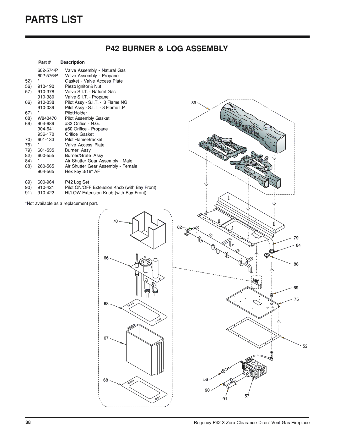 Regency P42-NG3, P42-LP3 installation manual P42 Burner & LOG Assembly 