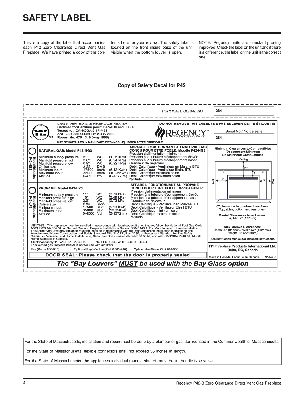 Regency P42-NG3, P42-LP3 installation manual Safety Label, Copy of Safety Decal for P42 