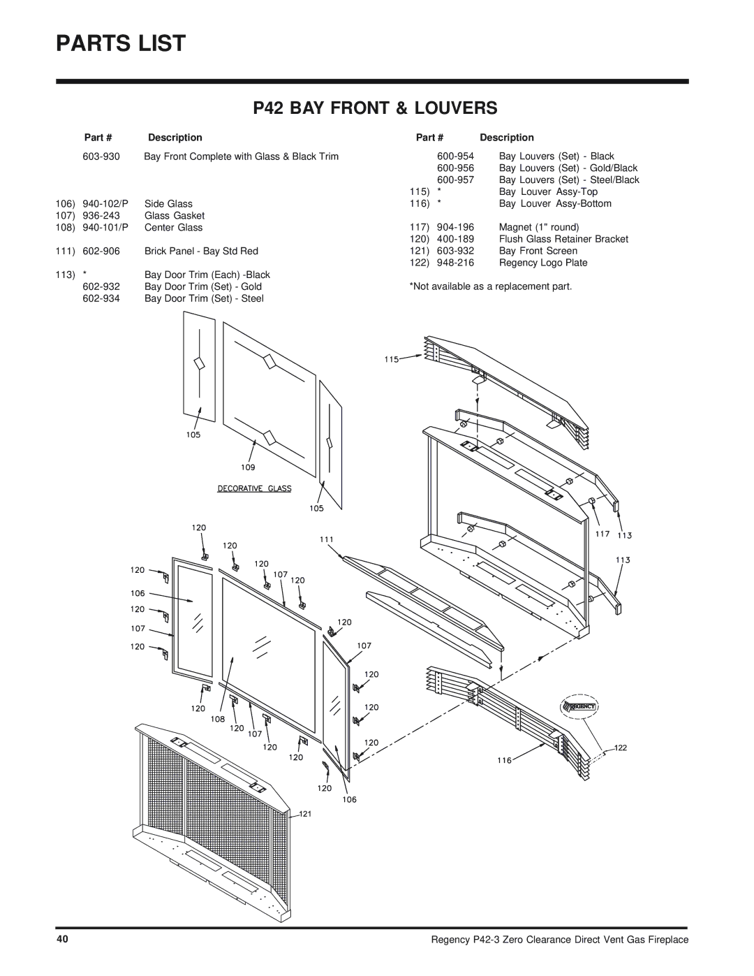 Regency P42-NG3, P42-LP3 installation manual P42 BAY Front & Louvers 