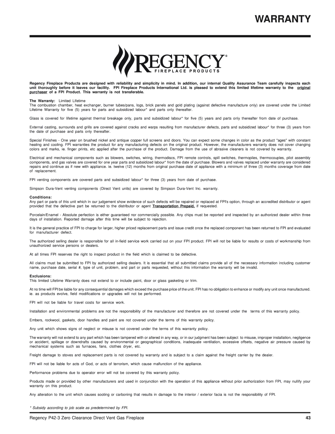 Regency P42-LP3, P42-NG3 installation manual Warranty, Conditions 