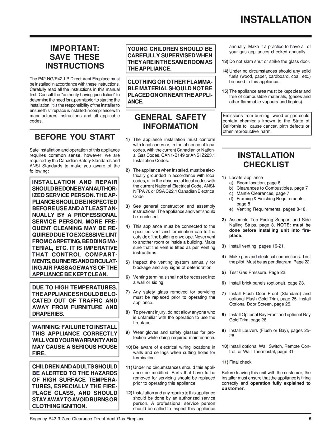 Regency P42-LP3, P42-NG3 Installation, Save These Instructions, Before YOU Start, General Safety Information 