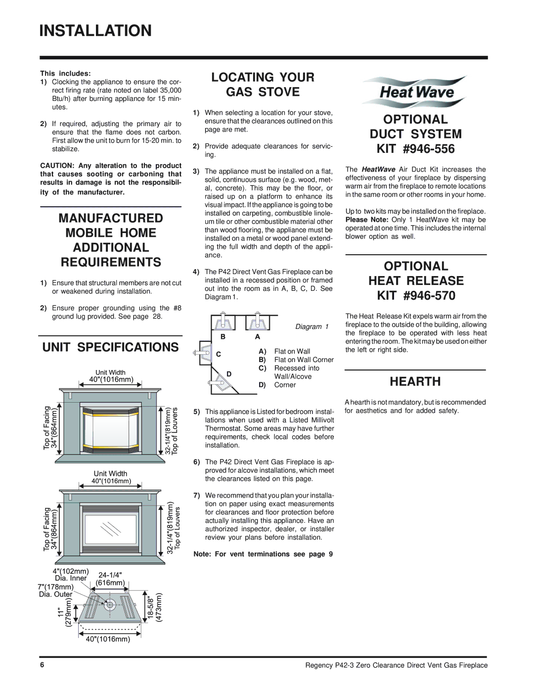 Regency P42-NG3 Manufactured Mobile Home Additional Requirements, Unit Specifications Locating Your GAS Stove, Hearth 