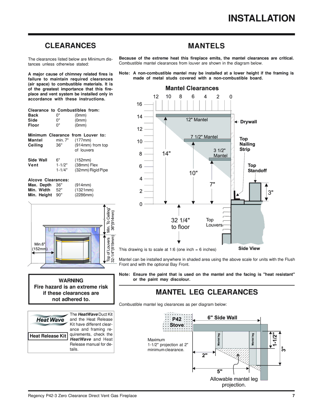 Regency P42-LP3, P42-NG3 installation manual Clearances Mantels, Mantel LEG Clearances 