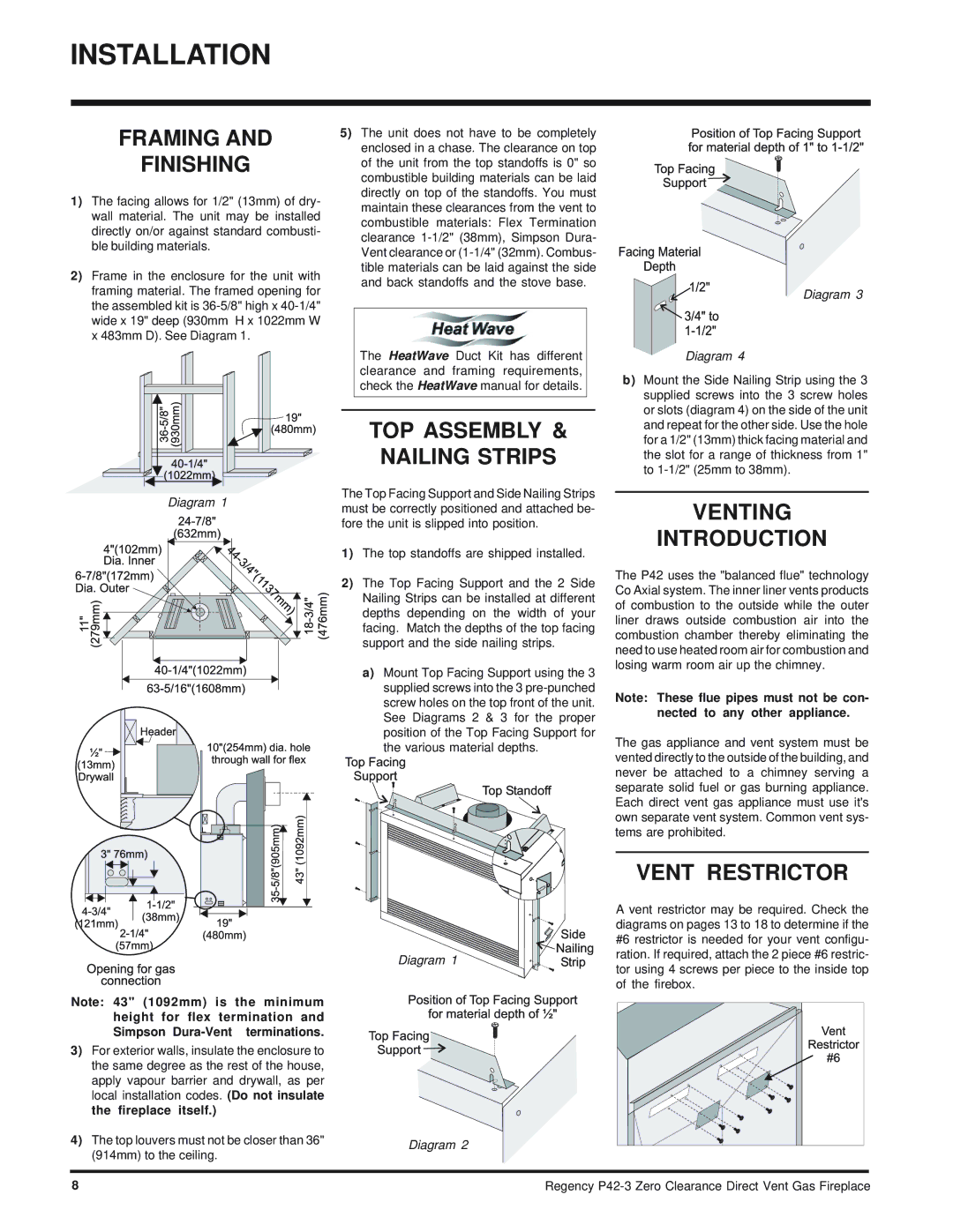 Regency P42-NG3, P42-LP3 Framing Finishing, TOP Assembly Nailing Strips, Venting Introduction, Vent Restrictor 