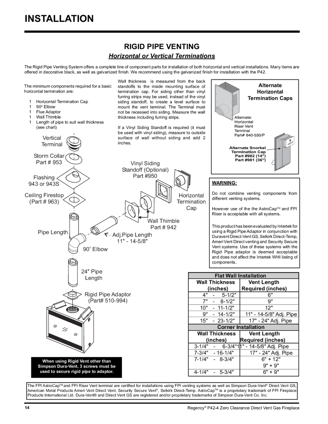 Regency P42-NG4, P42-LP4 installation manual Rigid Pipe Venting, Alternate, Horizontal, Termination Caps 