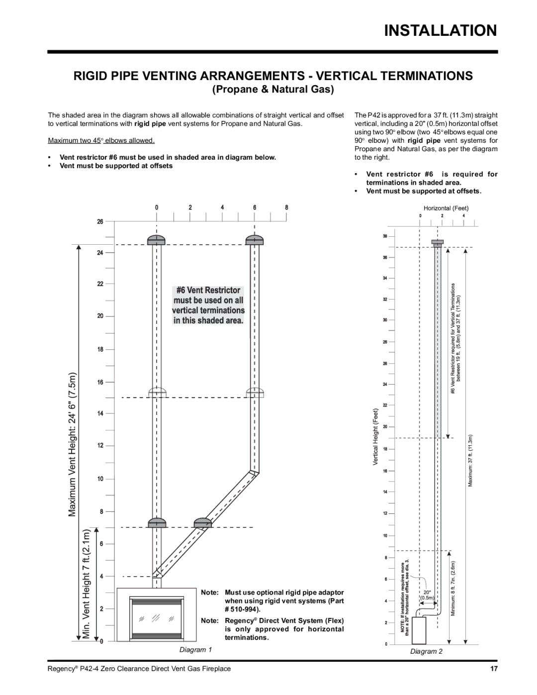 Regency P42-LP4, P42-NG4 installation manual Rigid Pipe Venting Arrangements Vertical Terminations, Propane & Natural Gas 