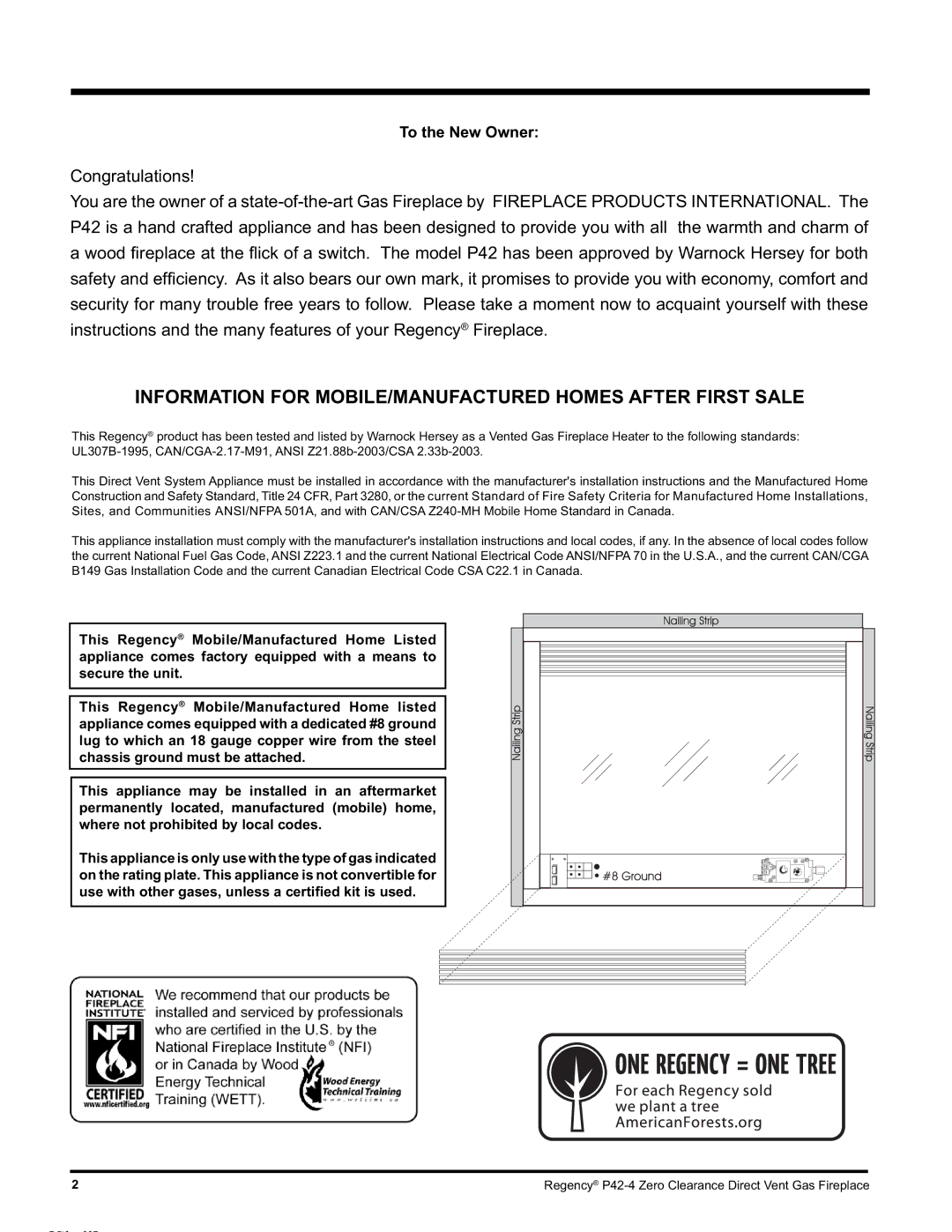 Regency P42-NG4, P42-LP4 installation manual Information for MOBILE/MANUFACTURED Homes After First Sale, To the New Owner 