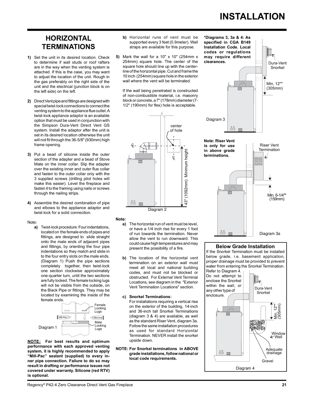 Regency P42-LP4, P42-NG4 installation manual Horizontal Terminations, Below Grade Installation, Snorkel Terminations 