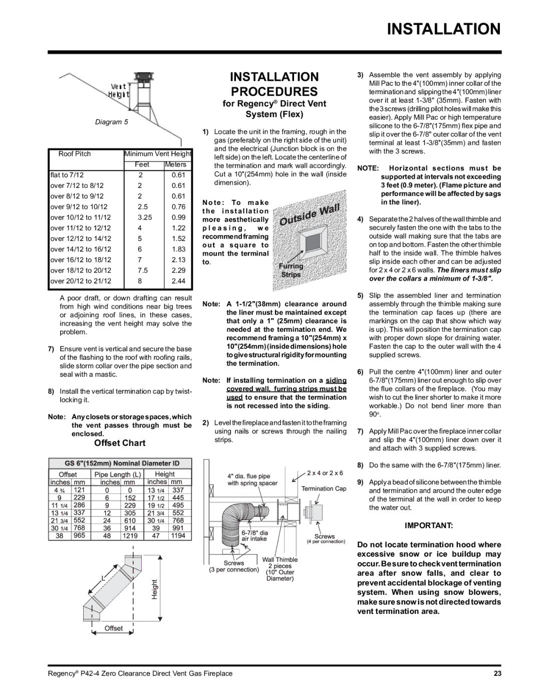 Regency P42-LP4, P42-NG4 installation manual Installation Procedures, Offset Chart, For Regency Direct Vent System Flex 