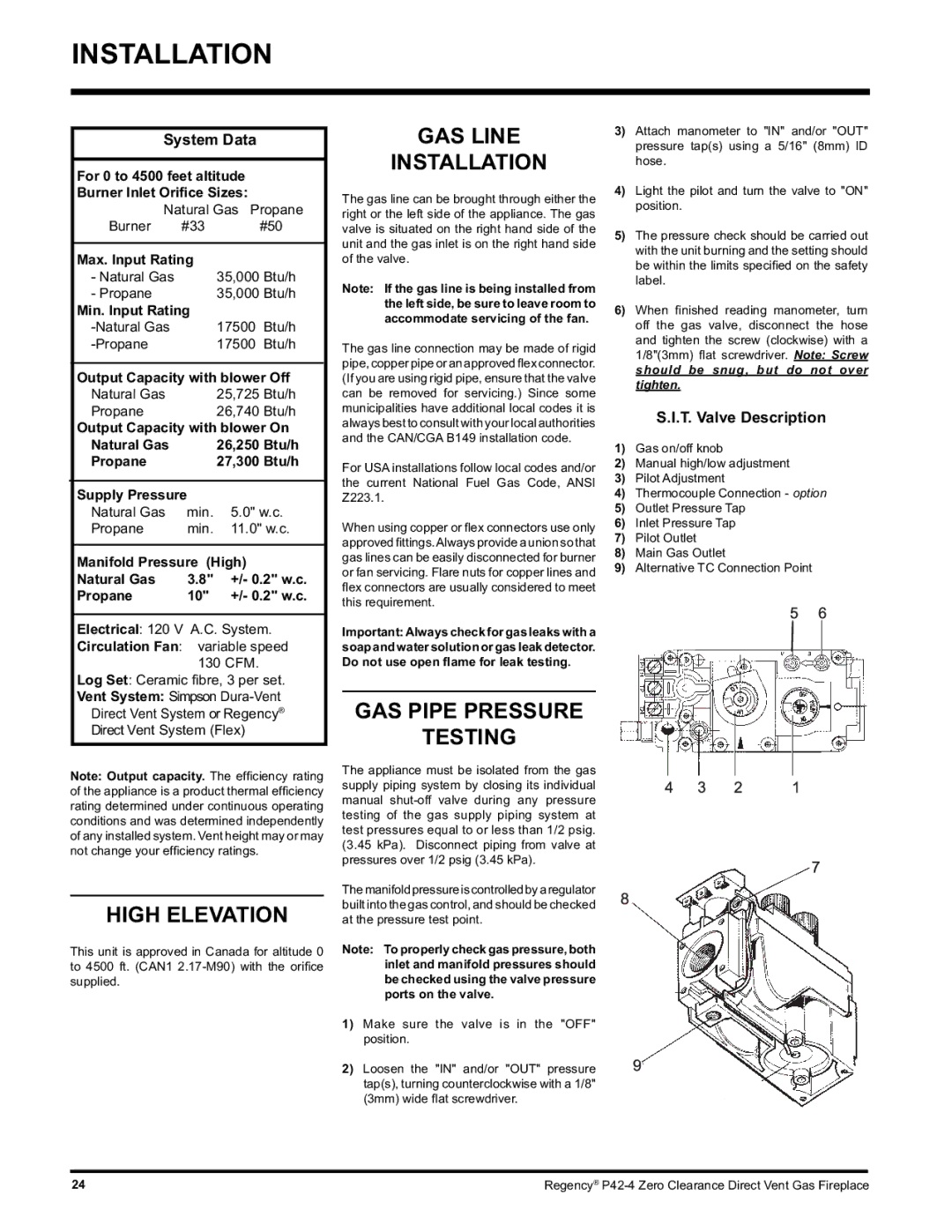 Regency P42-NG4 High Elevation, GAS Line Installation, GAS Pipe Pressure Testing, System Data, T. Valve Description 