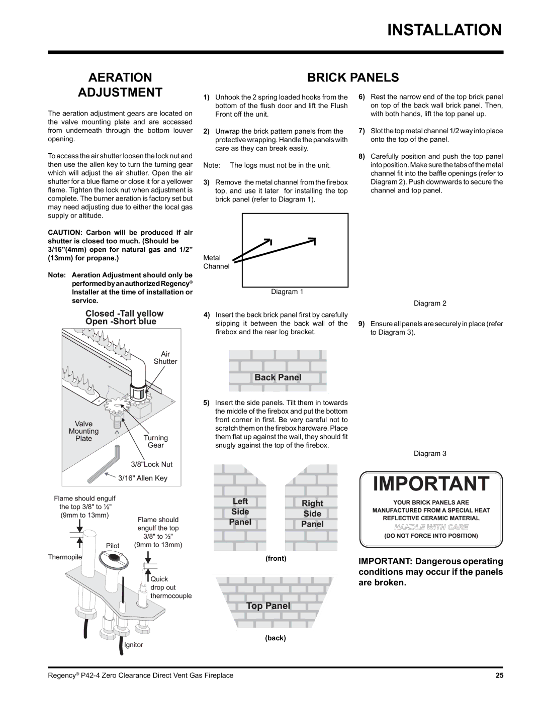 Regency P42-LP4, P42-NG4 Aeration Brick Panels Adjustment, Conditions may occur if the panels, Are broken, Front, Back 