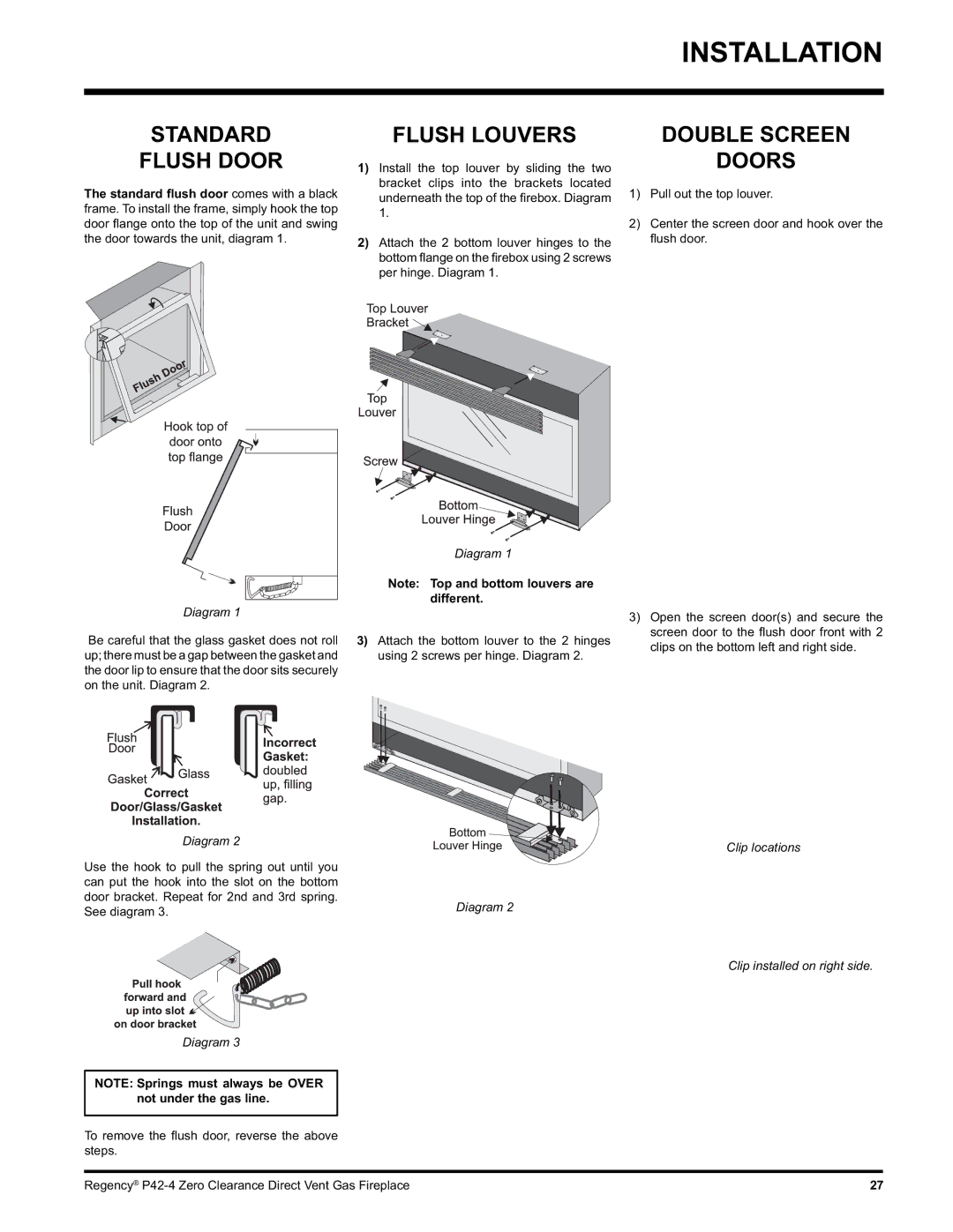 Regency P42-LP4, P42-NG4 installation manual Standard Flush Door, Flush Louvers, Double Screen Doors 