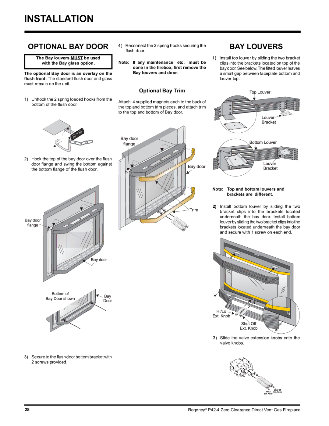 Regency P42-NG4, P42-LP4 installation manual Optional BAY Door, BAY Louvers, Optional Bay Trim 