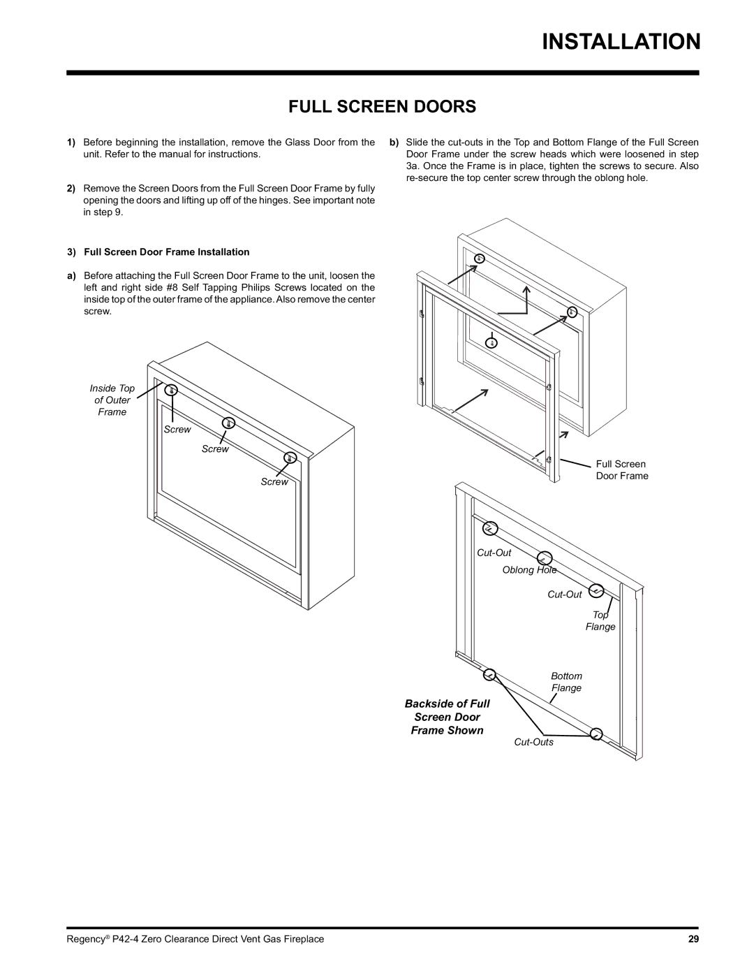 Regency P42-LP4, P42-NG4 installation manual Full Screen Doors, Full Screen Door Frame Installation 