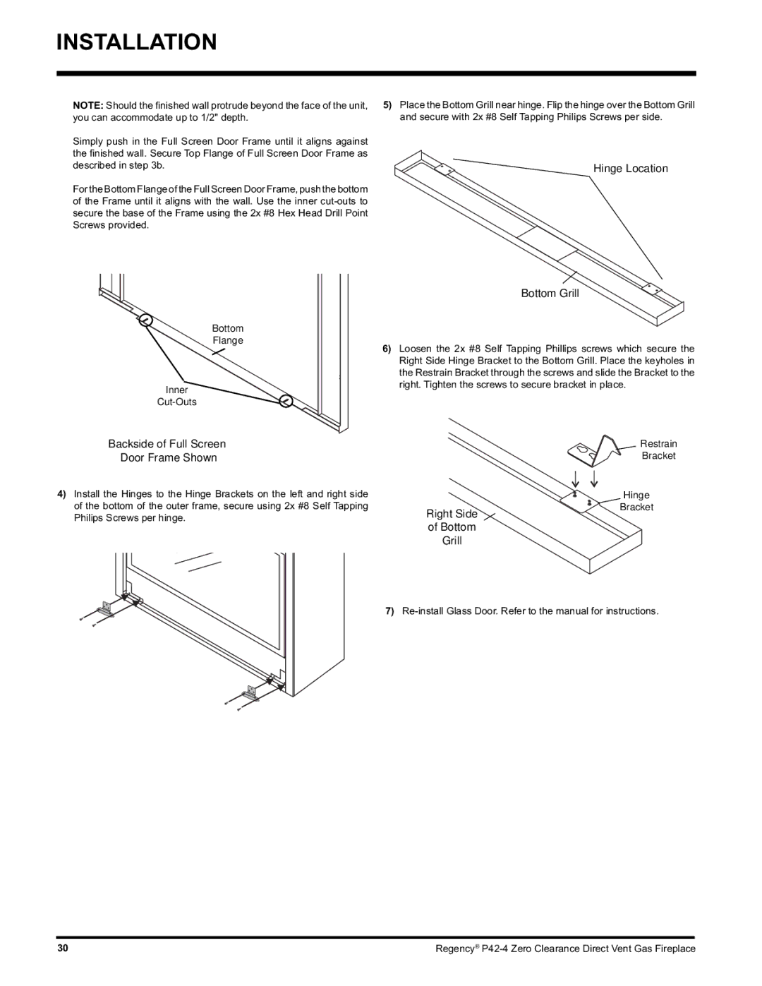 Regency P42-NG4, P42-LP4 installation manual Hinge Location Bottom Grill 