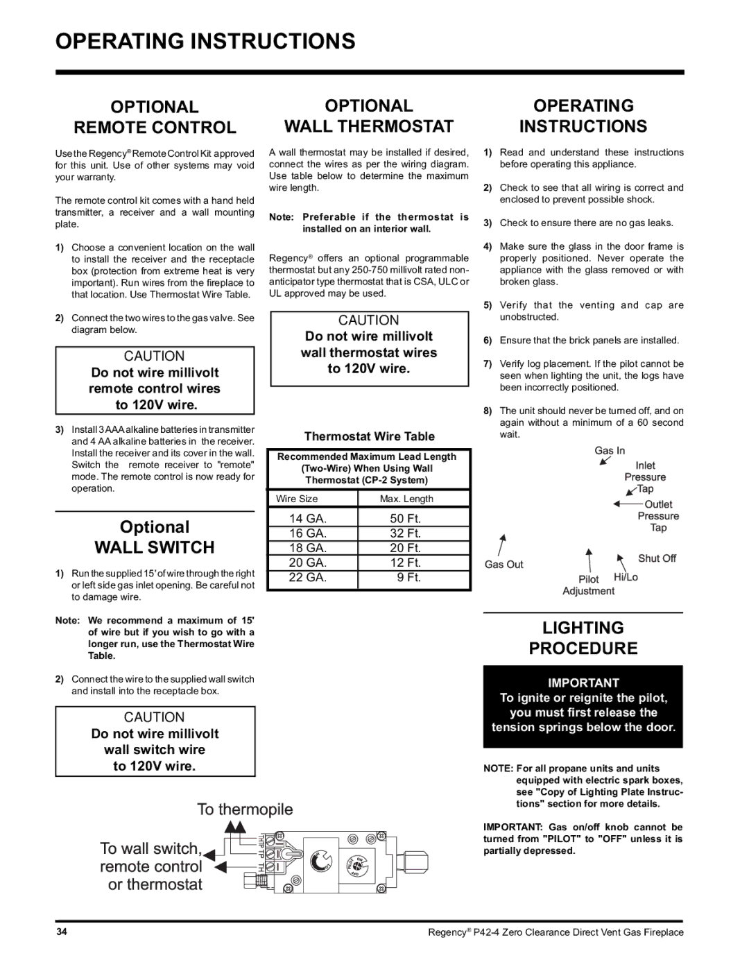 Regency P42-NG4, P42-LP4 installation manual Operating Instructions, Wall Switch, Lighting Procedure, Thermostat Wire Table 