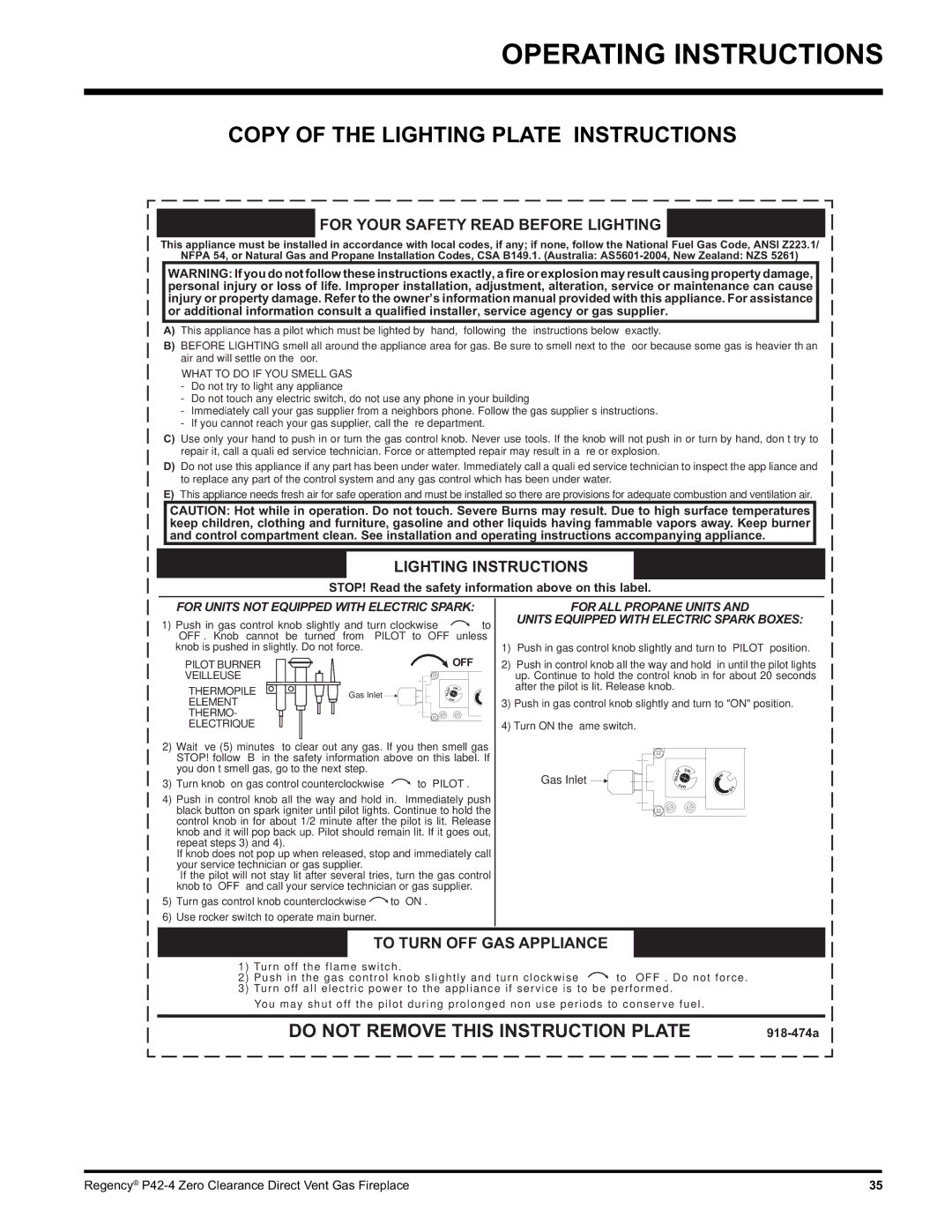 Regency P42-LP4, P42-NG4 installation manual Copy of the Lighting Plate Instructions, For Your Safety Read Before Lighting 